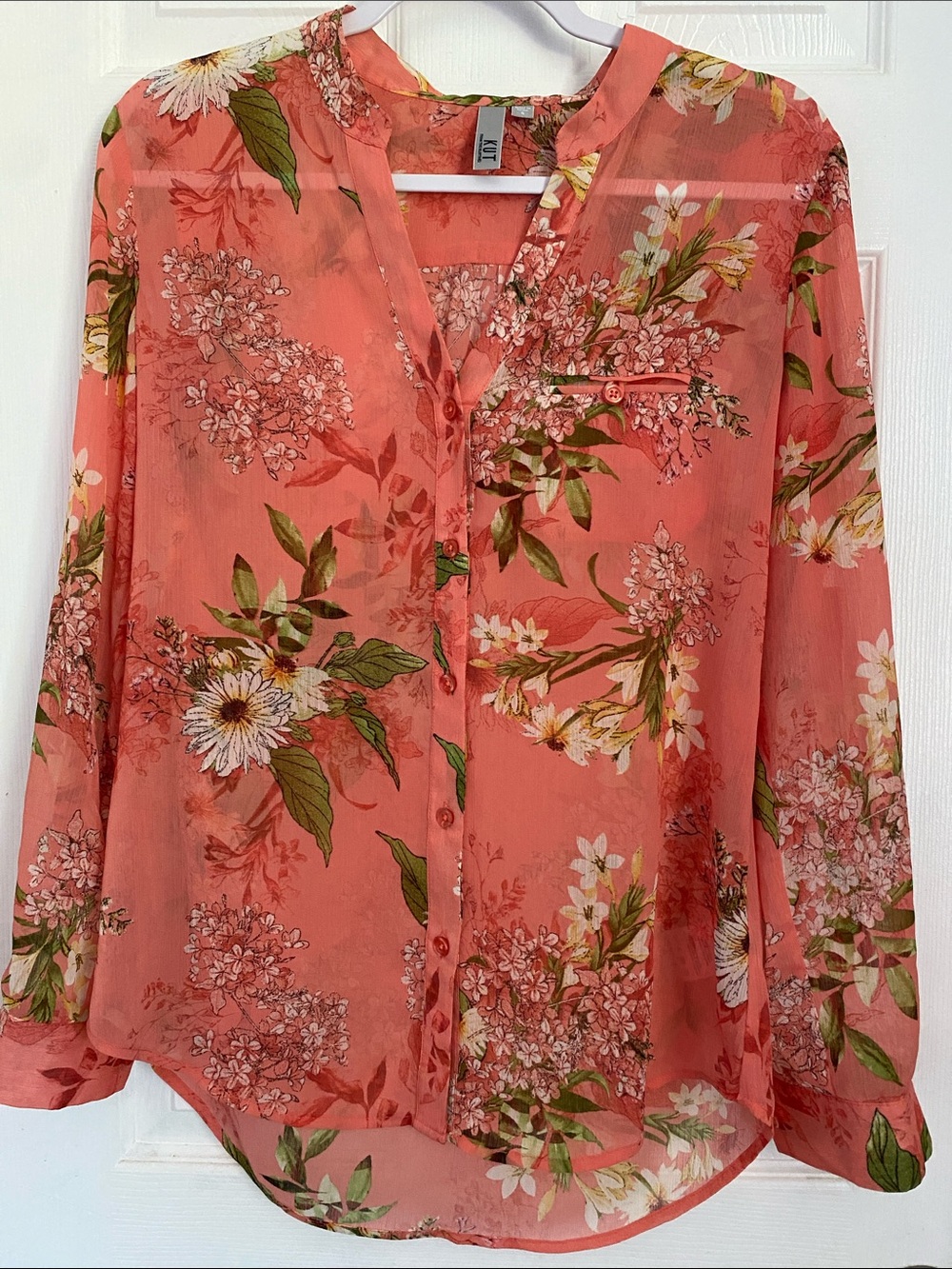Kut from the Kloth Coral Floral Sheer Button-Front Blouse